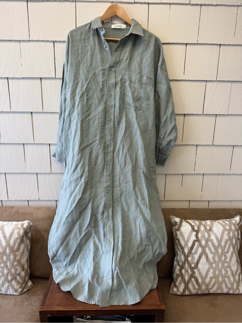Mamene Florence Linen Shirt Dress Aloe Gray Green XS S Oversized Button Up - Picture 2 of 14